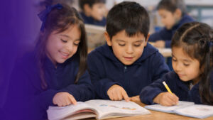 Grupo de estudiantes de 1° básico aprendiendo a leer.